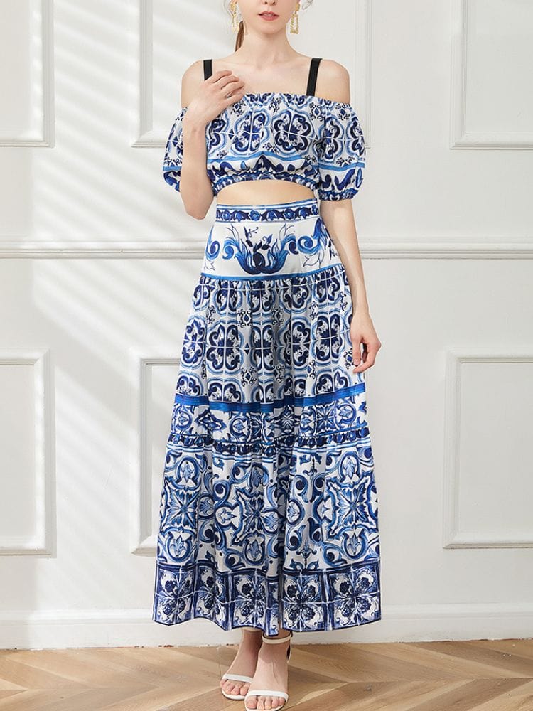 BOHEMIAN THE LABEL  Kim Off Shoulder Short Sleeve Crop Top and Skirt Set