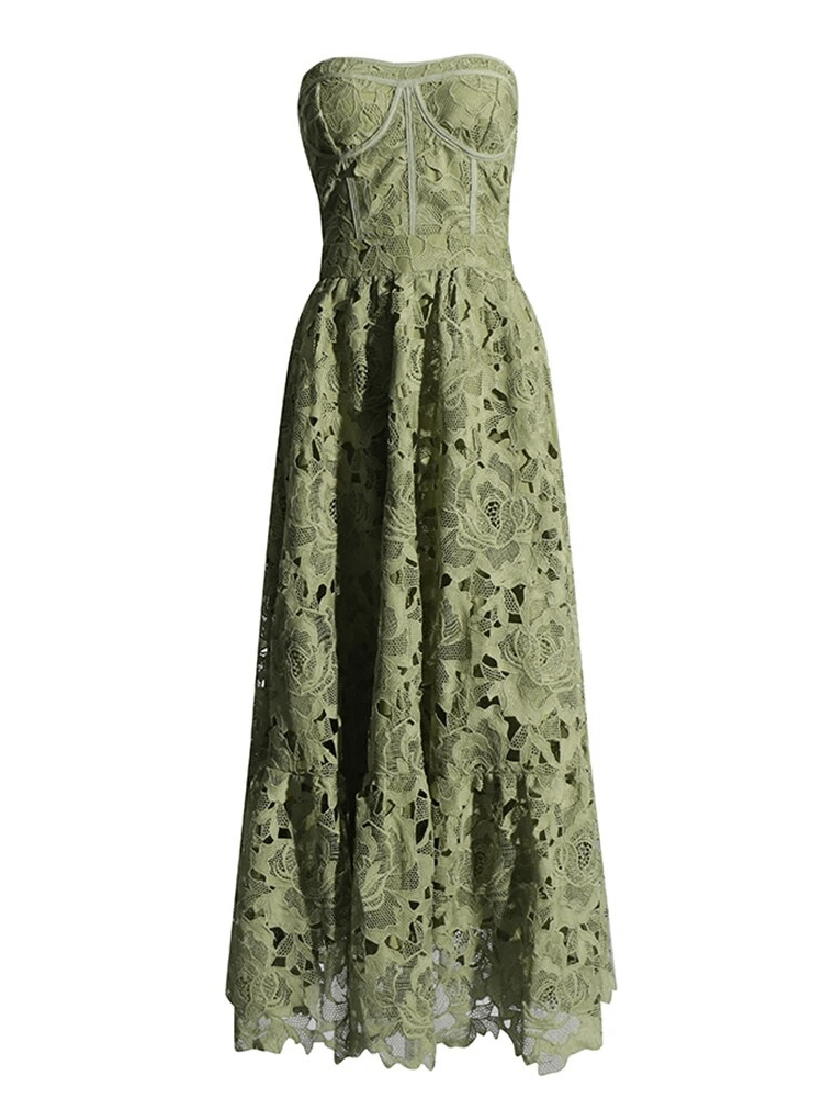 BOHEMIAN THE LABEL OLIVE GREEN / S Selene Strapless Midi Lace Dress