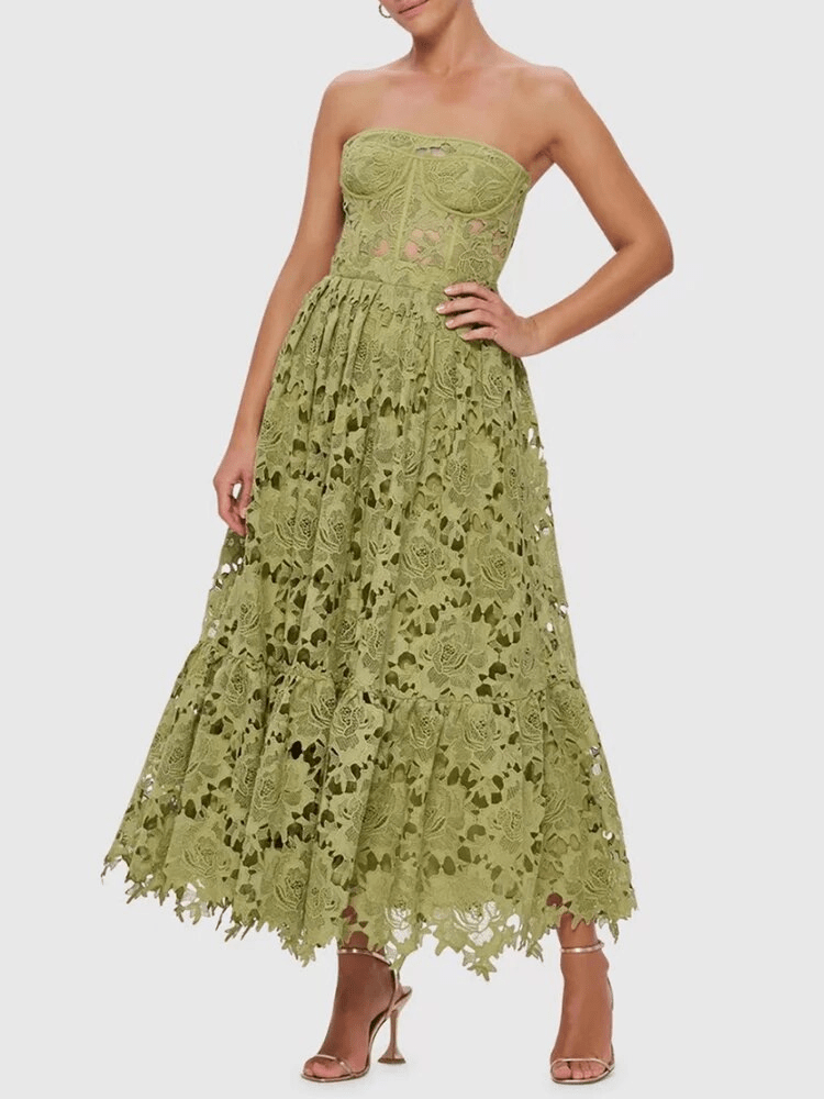 BOHEMIAN THE LABEL  Selene Strapless Midi Lace Dress