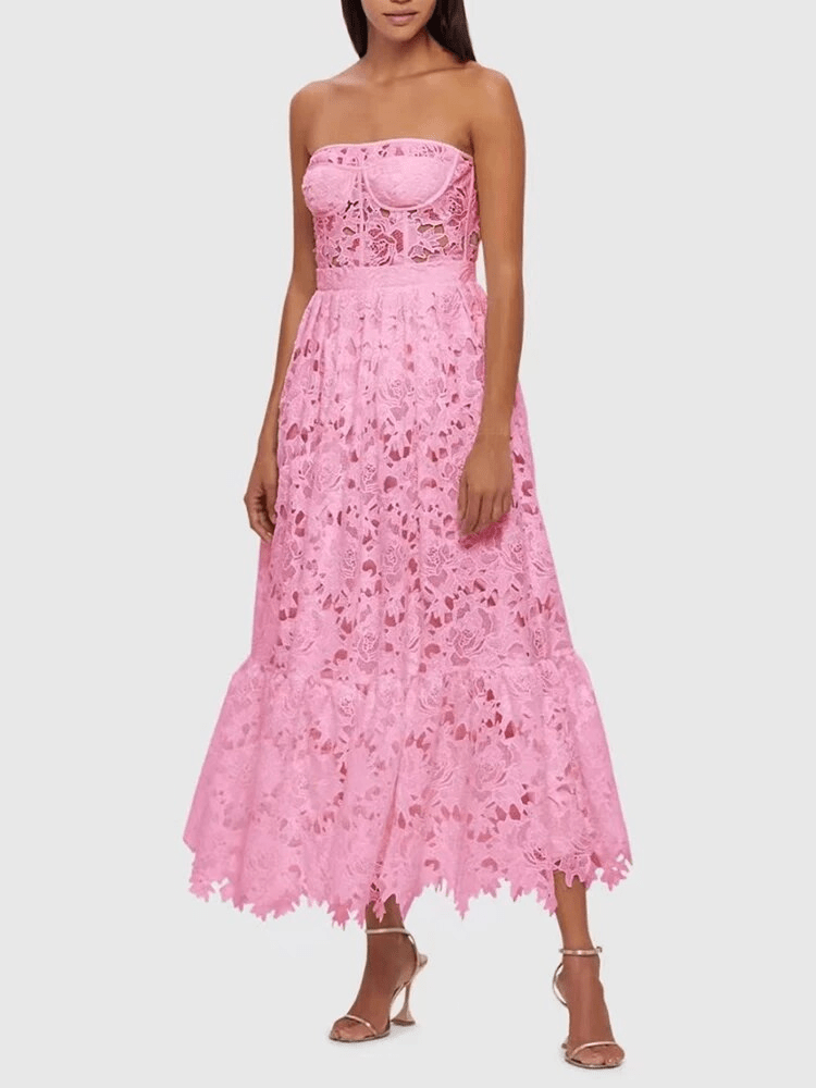 BOHEMIAN THE LABEL Selene Strapless Midi Lace Dress