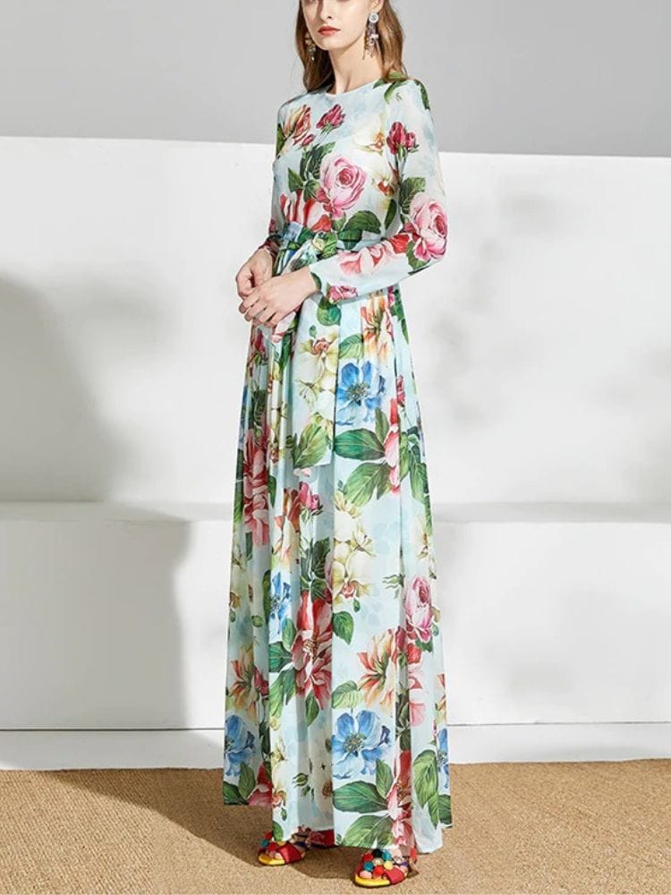 BOHEMIAN THE LABEL  Ava Bow Tie Long Sleeve Floral Gown Dress