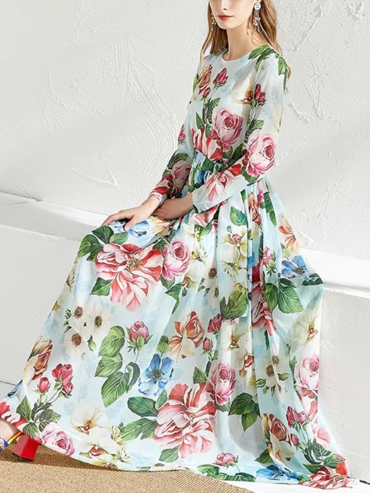 BOHEMIAN THE LABEL  Ava Bow Tie Long Sleeve Floral Gown Dress