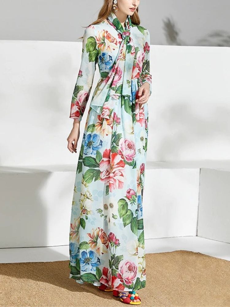 BOHEMIAN THE LABEL  Ava Bow Tie Long Sleeve Floral Gown Dress