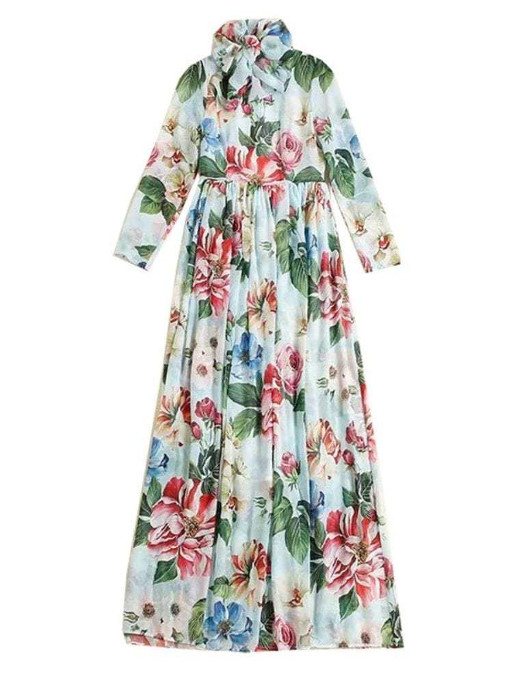 BOHEMIAN THE LABEL  Ava Bow Tie Long Sleeve Floral Gown Dress