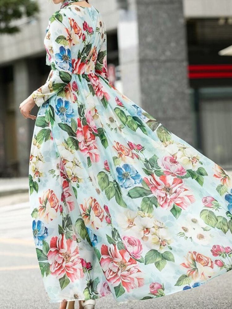 BOHEMIAN THE LABEL  Ava Bow Tie Long Sleeve Floral Gown Dress