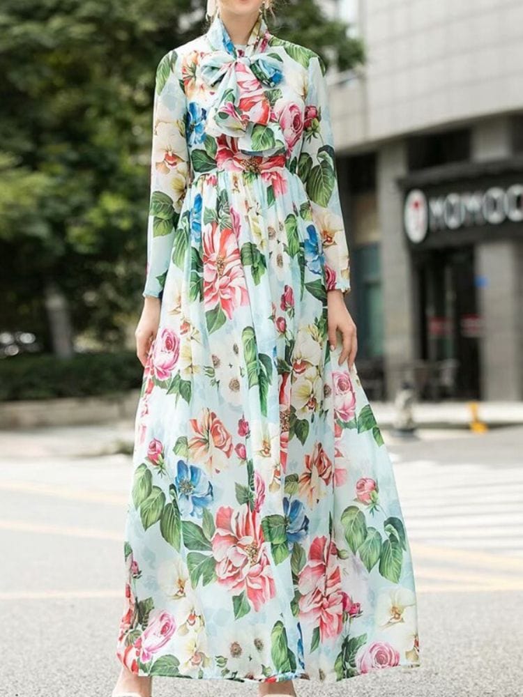 BOHEMIAN THE LABEL  Ava Bow Tie Long Sleeve Floral Gown Dress