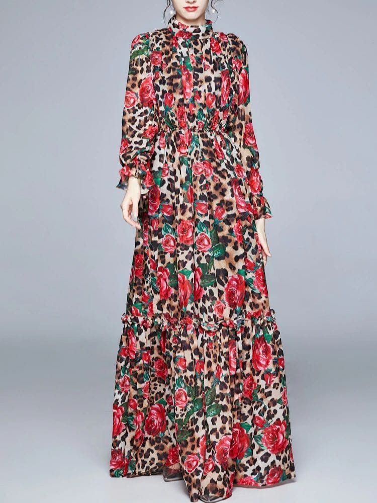 BOHEMIAN THE LABEL  BLACK ROSE LEOPARD PRINT / M Molly Long Sleeve Floral Gown Dress