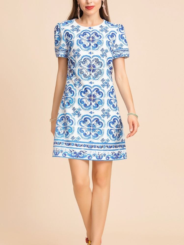 BOHEMIAN THE LABEL  BLUE PRINT / S Chloe Short Sleeve Print Mini Dress