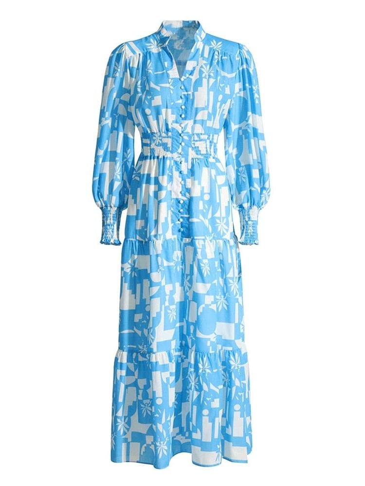 BOHEMIAN THE LABEL  BLUE VINTAGE PRINT / S Ane Long Sleeve Print Gown Maxi Dress