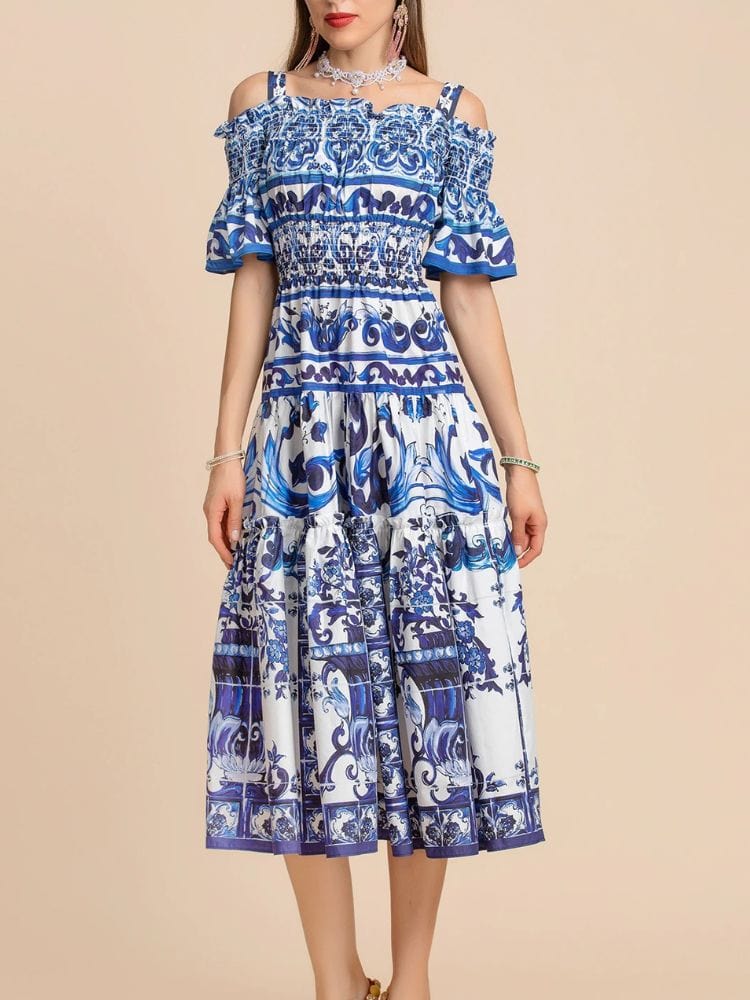 BOHEMIAN THE LABEL  Kim Off Shoulder Print Midi Dress