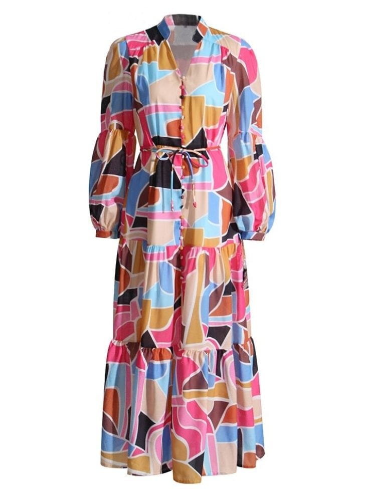 BOHEMIAN THE LABEL  PINK PRINT / S Kyla V Neck Long Sleeve Gown Maxi Dress