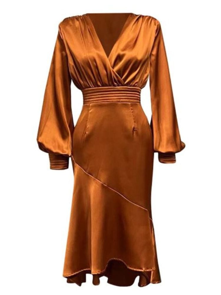 BOHEMIAN THE LABEL TAN BROWN / S Mira V Neck Long Sleeve Midi Dress