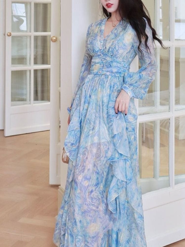 BOHEMIAN THE LABEL  Tanya V Neck Long Sleeve Vintage Print Gown Dress