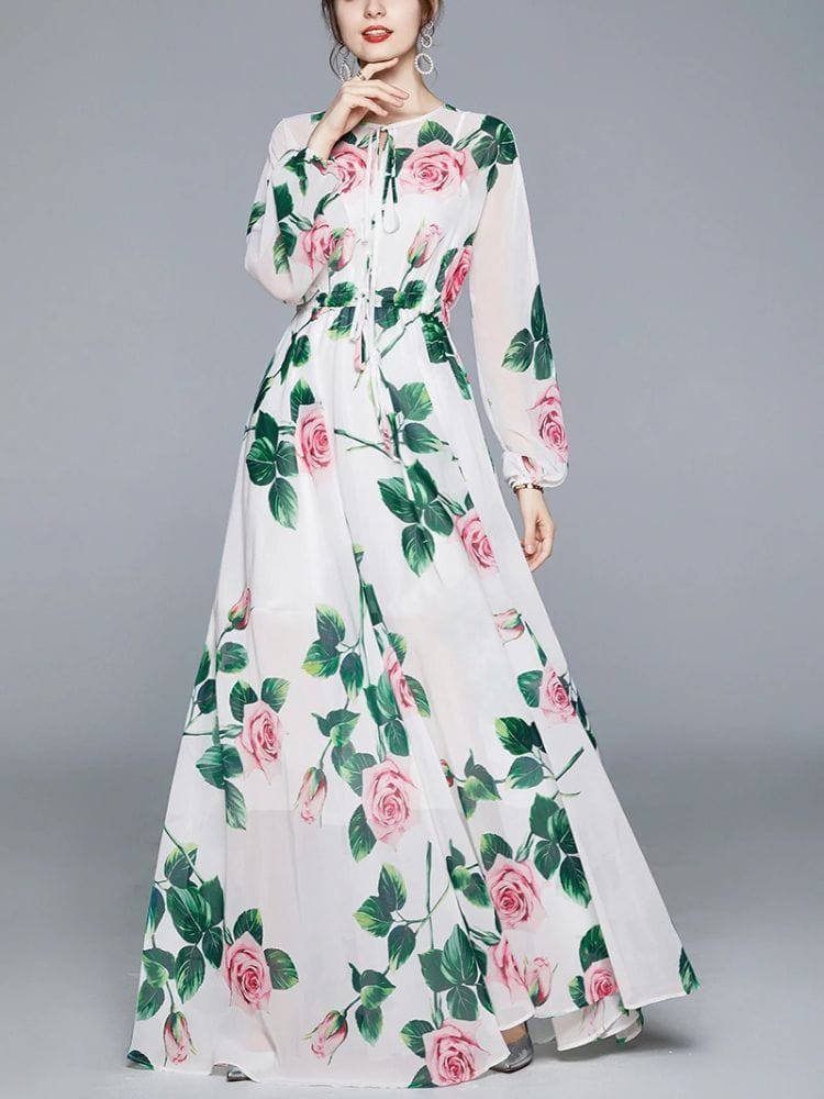 BOHEMIAN THE LABEL  WHITE FLORAL / S Grace Long Sleeve Floral Gown Dress